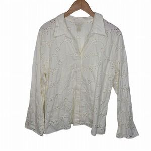 J‎ Jill Womens SZ XLT Ivory Eyelet Lace Blouse Button Up Cotton Long Sleeve
